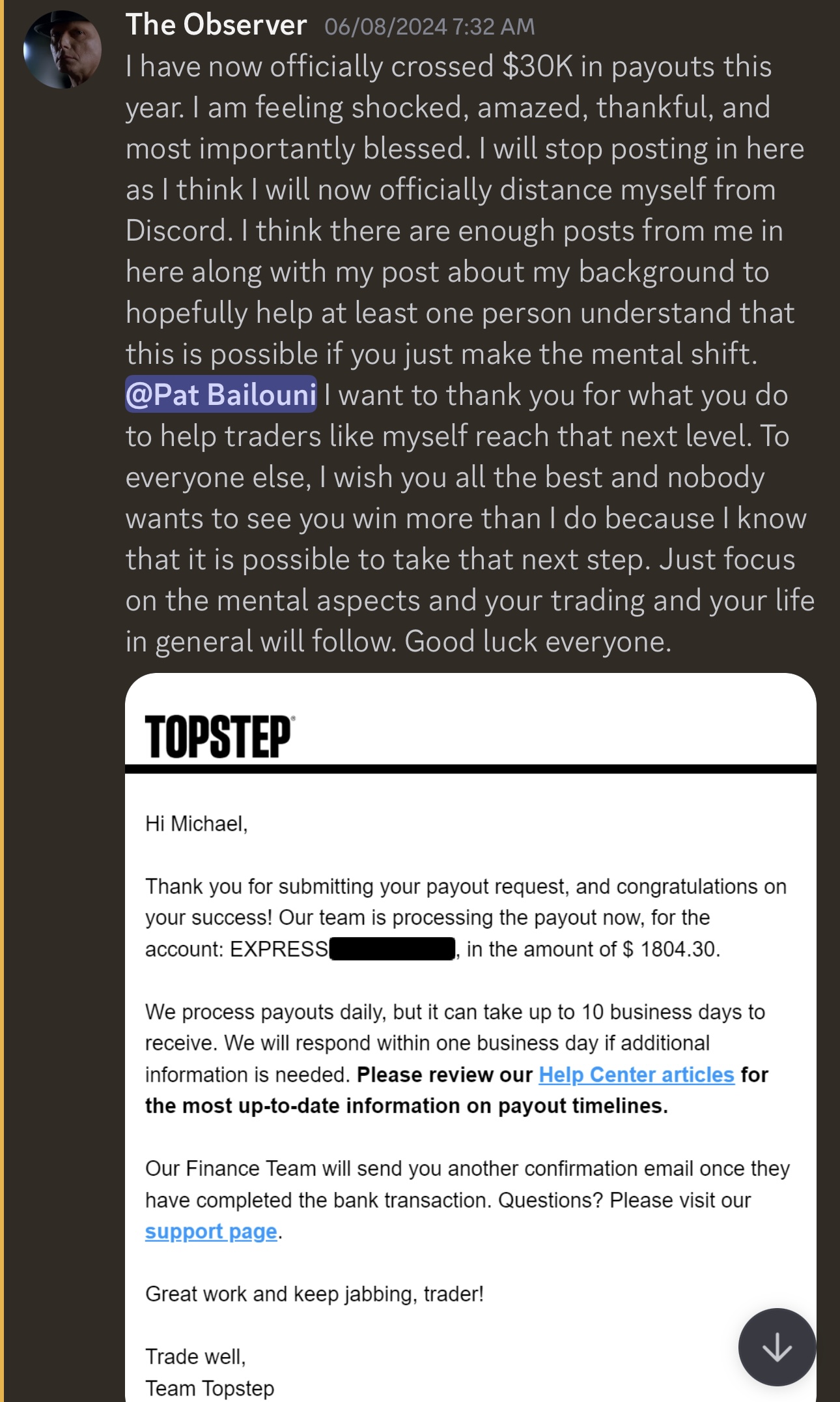 Michael payout screenshot